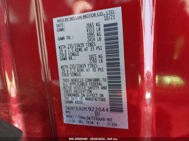5N1BT3CA1PC922044 Nissan Rogue Sl Fwd