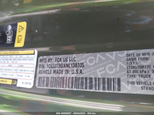1C6JJTBGXNL138705 Jeep Gladiator Rubicon 4x4