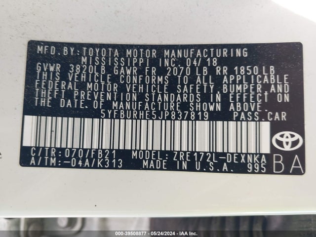 Toyota COROLLA LE 2018 5YFBURHE5JP837819 Image 9