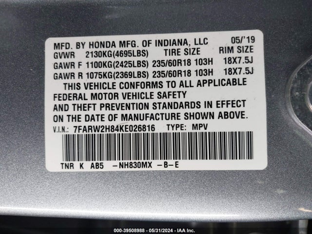 Honda Cr-v Ex-l 2019 7FARW2H84KE026816 Image 9