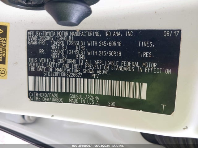Toyota Highlander Le Plus 2017 5TDZZRFH0HS226627 Image 9