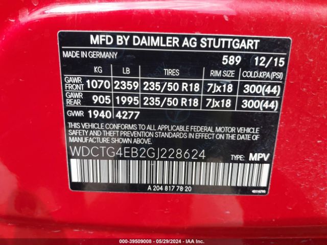 WDCTG4EB2GJ228624 Mercedes-Benz GLA 250