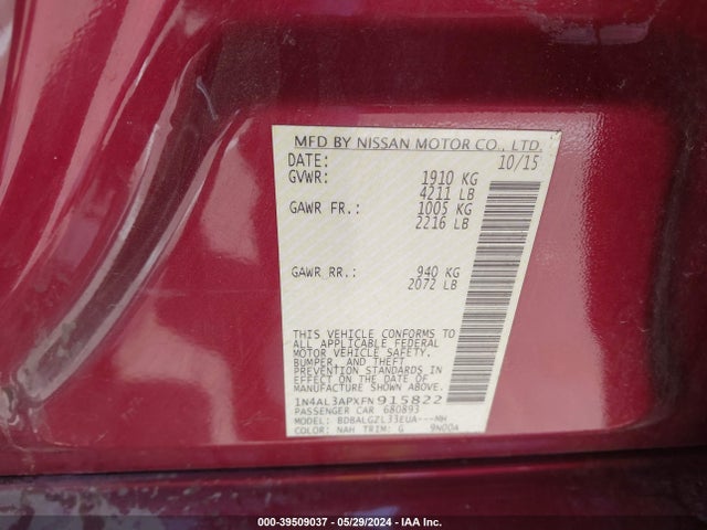 Nissan Altima 2.5 S 2015 1N4AL3APXFN915822 Image 9