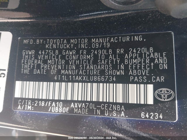 Toyota CAMRY LE 2020 4T1L11AKXLU866734 Image 9