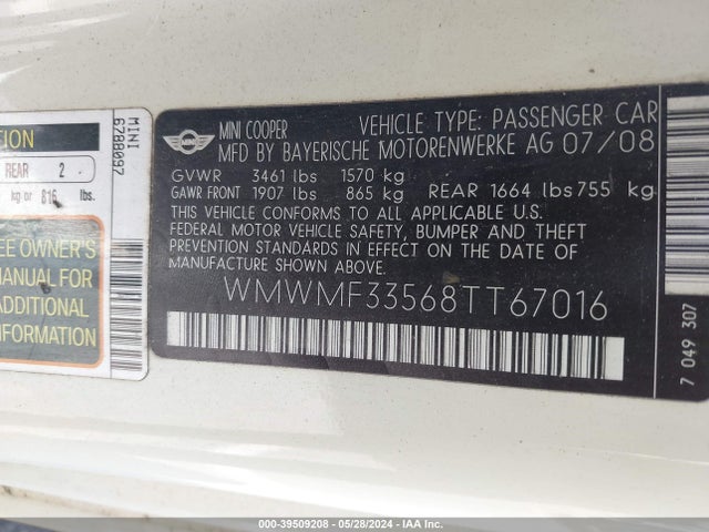 2008 MINI COOPER WMWMF33568TT67016 Photo 8