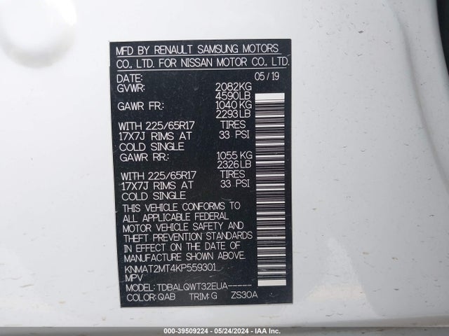 Nissan ROGUE SV 2019 KNMAT2MT4KP559301 Image 9