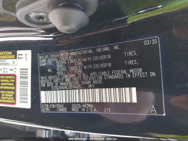 5TDGZRAH8LS014405 Toyota Highlander Xle