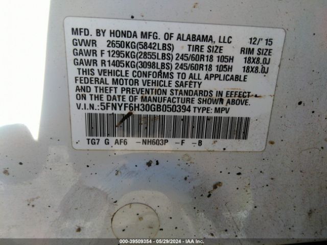 5FNYF6H30GB050394 Honda Pilot Ex