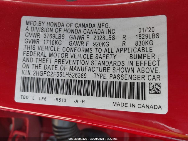 Honda Civic Lx 2020 2HGFC2F65LH526389 Image 9