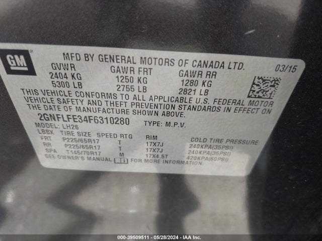 Chevrolet EQUINOX 1LT 2015 2GNFLFE34F6310280 Image 9