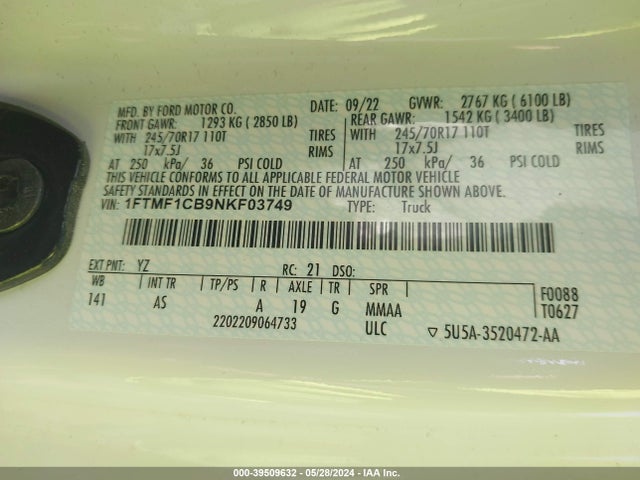 Ford F-150 Xl 2022 1FTMF1CB9NKF03749 Image 9