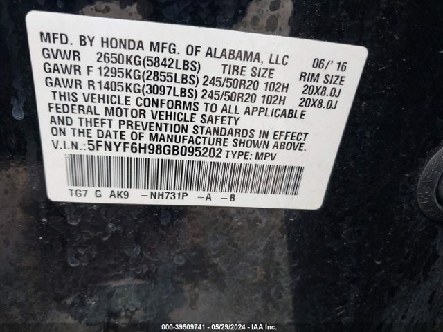 Honda Pilot Touring 2016 5FNYF6H98GB095202 Image 9