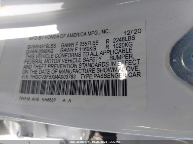 1HGCV3F5XMA003783 Honda Accord Hybrid Ex-l
