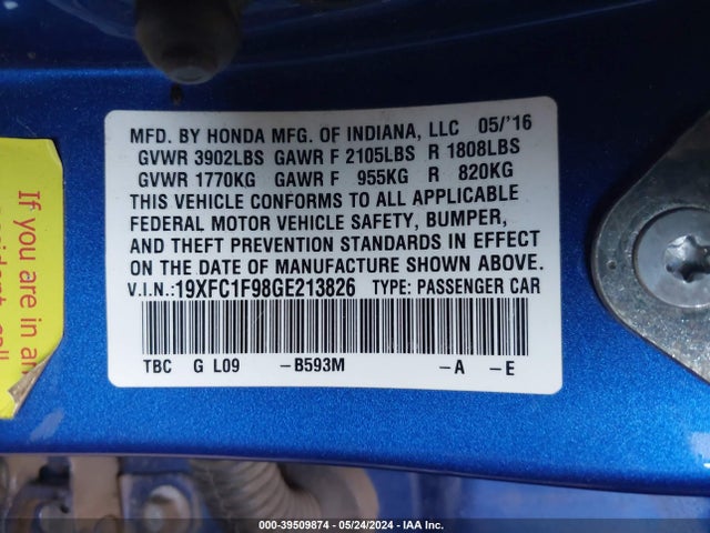 Honda Civic Touring 2016 19XFC1F98GE213826 Image 9