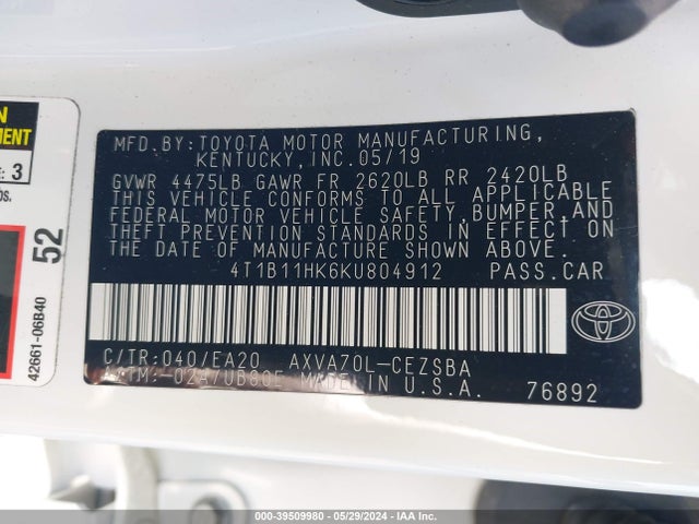 Toyota CAMRY SE 2019 4T1B11HK6KU804912 Image 9