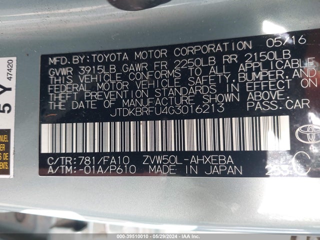 Toyota Prius Two 2016 JTDKBRFU4G3016213 Image 9