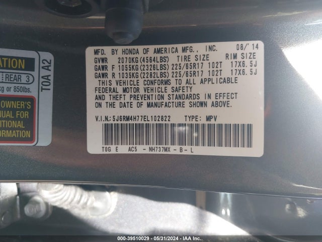 Honda Cr-v Ex-l 2014 5J6RM4H77EL102822 Image 9