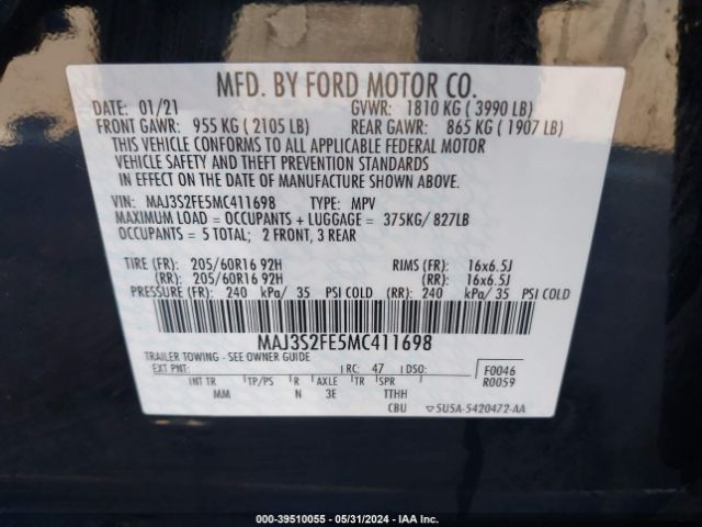 MAJ3S2FE5MC411698 Ford ECOSPORT S