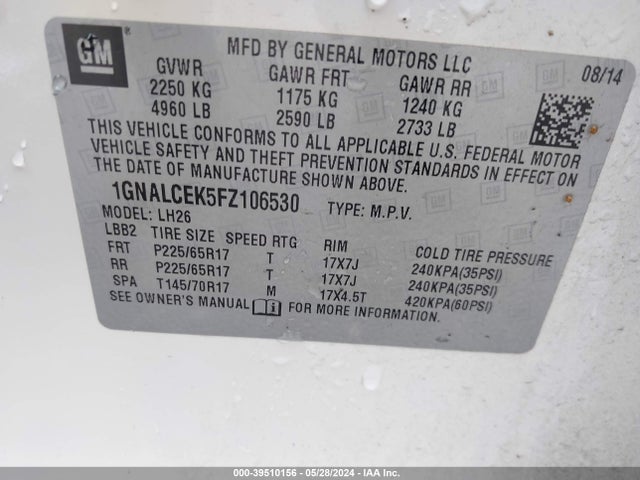 Chevrolet Equinox 2lt 2015 1GNALCEK5FZ106530 Image 9