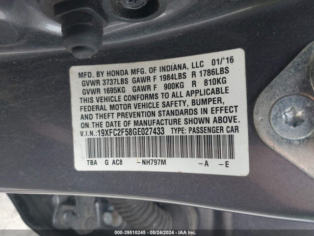 Honda Civic Lx 2016 19XFC2F58GE027433 Image 9
