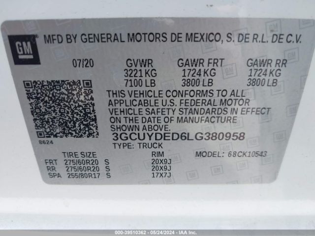 3GCUYDED6LG380958 Chevrolet Silverado 1500 4wd  Short Bed Lt