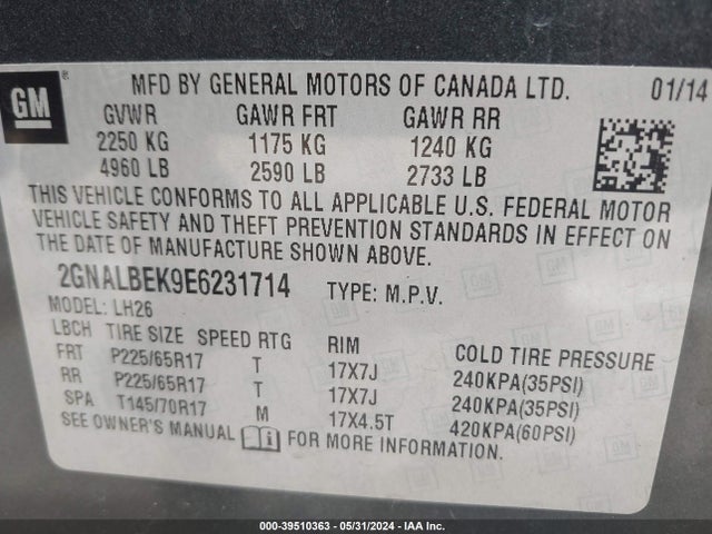 Chevrolet EQUINOX 1LT 2014 2GNALBEK9E6231714 Image 9