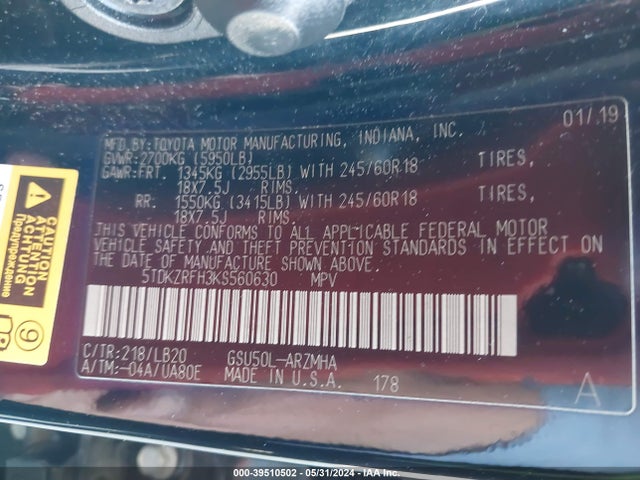 Toyota Highlander Xle 2019 5TDKZRFH3KS560630 Image 9