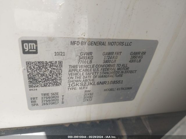 1GKS2JKL6NR108551 GMC Yukon Xl 4wd Denali