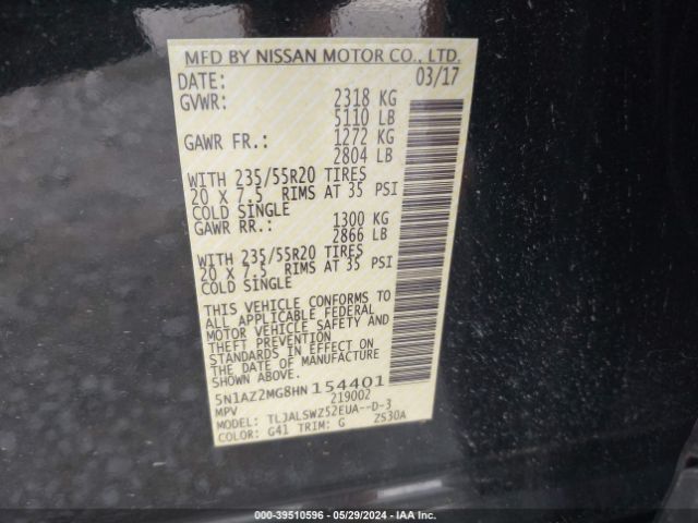 5N1AZ2MG8HN154401 Nissan Murano Platinum