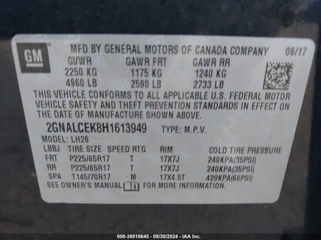Chevrolet EQUINOX LT 2017 2GNALCEK8H1613949 Image 9