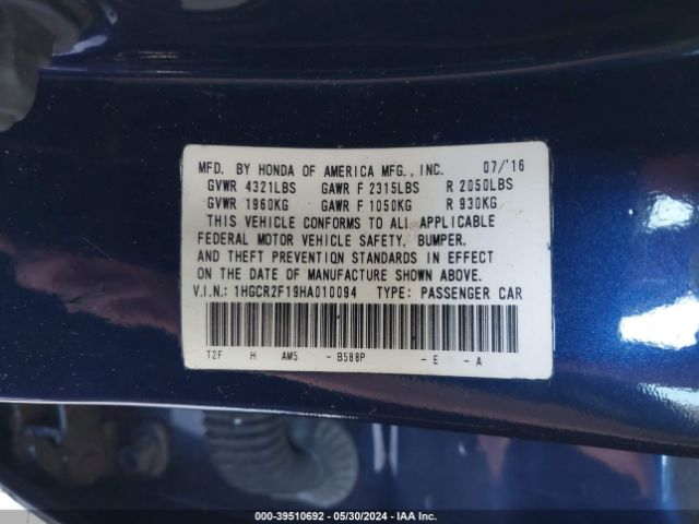 1HGCR2F19HA010094 Honda Accord Sport Se