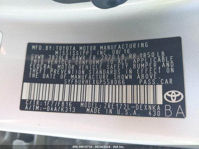 Toyota COROLLA LE 2016 5YFBURHEXGP558066 Image 9