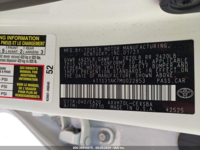 4T1S31AK7MU022853 Toyota Camry Se Hybrid