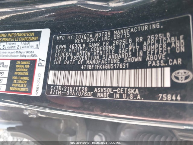Toyota CAMRY SE 2016 4T1BF1FK4GU517631 Image 9