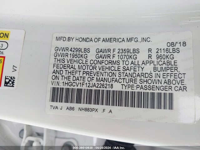 Honda ACCORD LX 2018 1HGCV1F12JA226218 Image 9