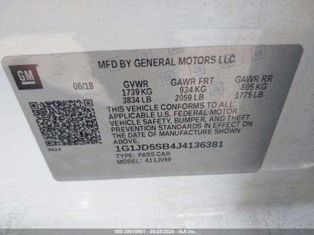 1G1JD5SB4J4136381 Chevrolet Sonic Lt Auto