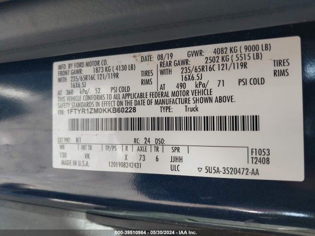 Ford Transit-250 2019 1FTYR1ZM0KKB60228 Image 9