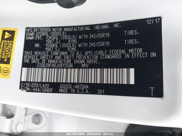 Toyota Highlander Limited Platinum 2018 5TDDZRFH0JS813586 Image 9