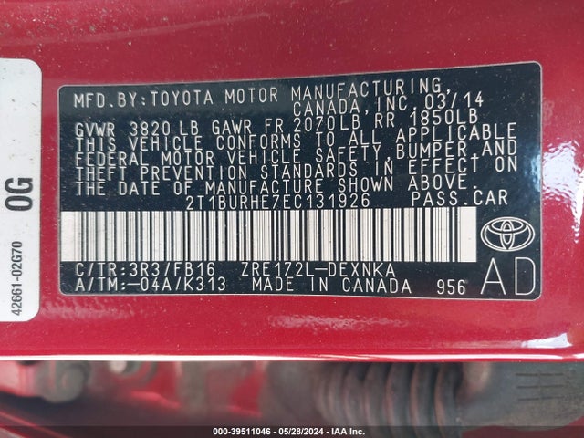 Toyota COROLLA LE 2014 2T1BURHE7EC131926 Image 9