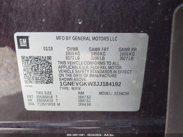 Chevrolet Traverse 1lt 2018 1GNEVGKW3JJ184192 Image 9