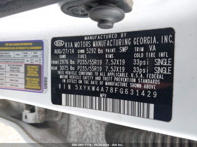 5XYKW4A78FG631429 KIA Sorento Limited V6