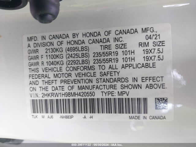 2HKRW1H98MH420550 Honda Cr-v 2wd Touring