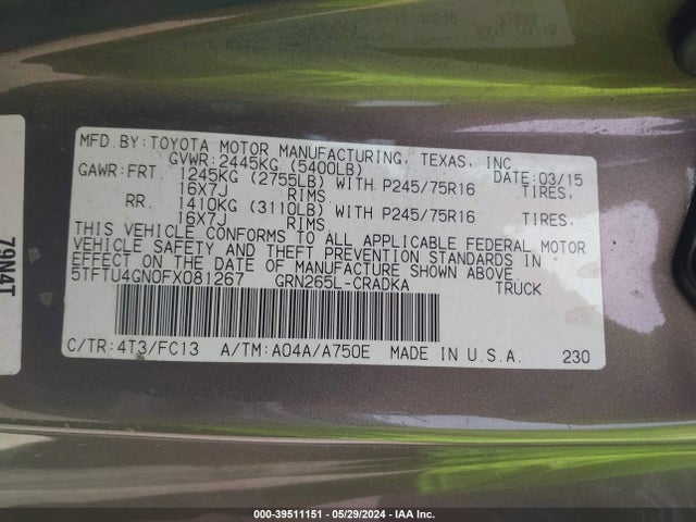 Toyota Tacoma Prerunner V6 2015 5TFTU4GN0FX081267 Image 9