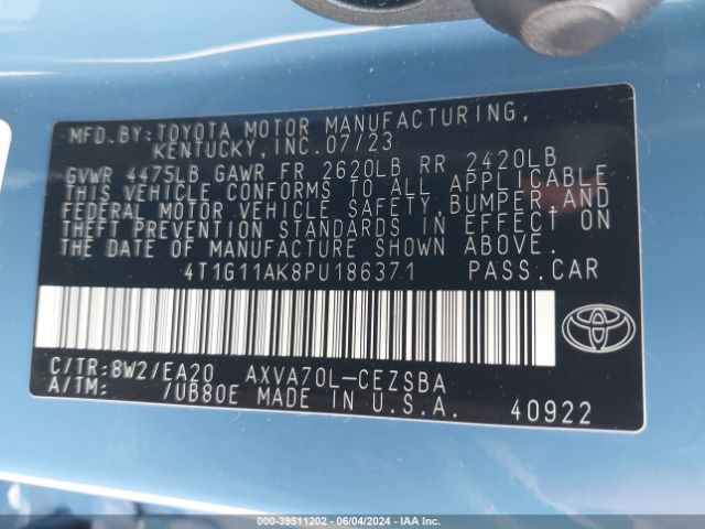 4T1G11AK8PU186371 Toyota CAMRY SE