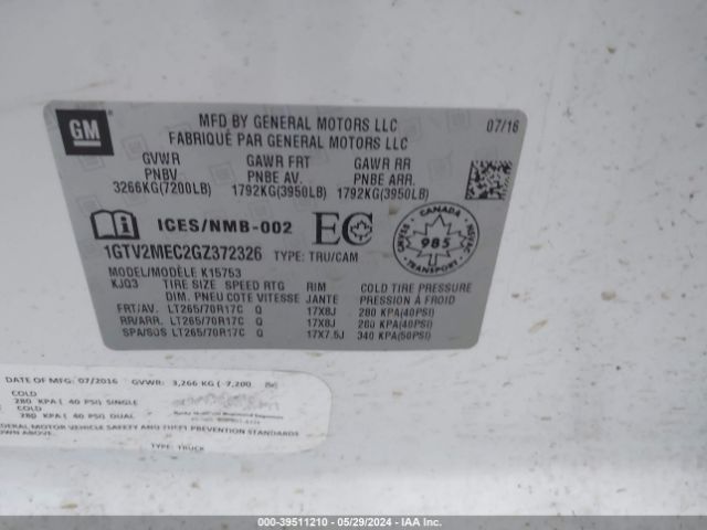 1GTV2MEC2GZ372326 GMC Sierra 1500 Sle