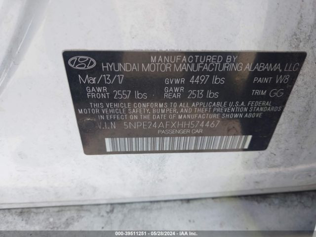 5NPE24AFXHH574467 Hyundai SONATA SE