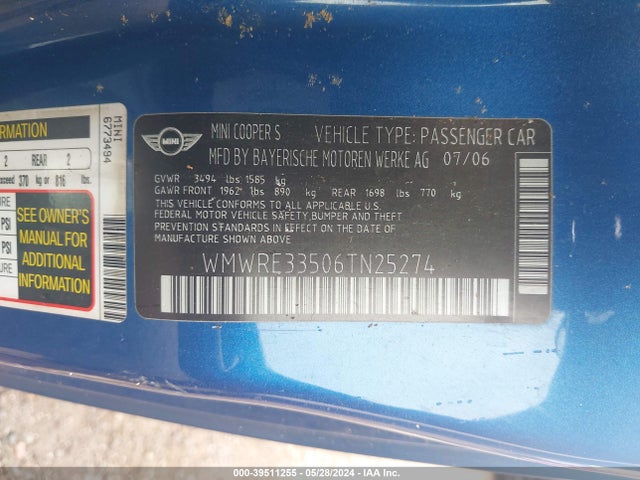 2006 MINI COOPER S WMWRE33506TN25274 Photo 8