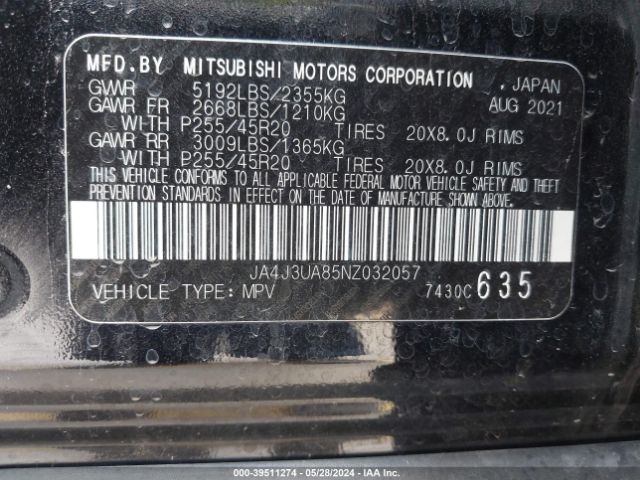 JA4J3UA85NZ032057 Mitsubishi Outlander Black Edition 2wd/se 2.5 2wd/se Launch Edition 2wd