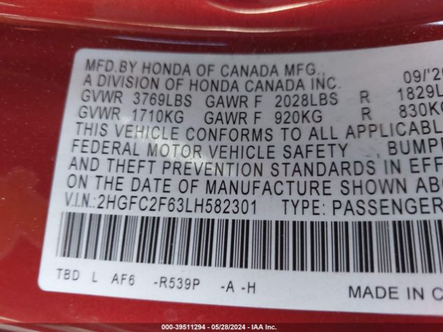 2HGFC2F63LH582301 Honda Civic Lx
