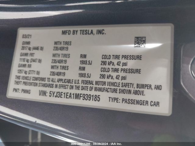 5YJ3E1EA1MF939185 Tesla Model 3 Standard Range Plus Rear-wheel Drive